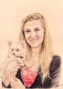Portrait dessin d'une jeune femme avec son petit chien dans les bras