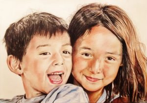 Portrait dessin d'après photo d'enfants frère et sœur