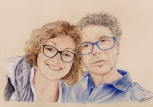 Portrait dessin d'un couple à lunettes en couleur