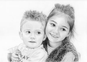 Portrait dessin en noir et blanc de deux frère et sœur