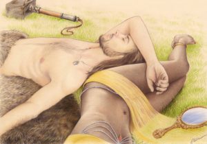 Portrait dessin d'un couple habillé en Thor et Oshun