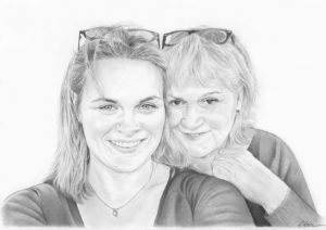 Portrait dessin d'après photo d'une maman et sa fille