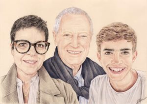 Portrait dessin d'un père avec sa fille et son petit-fils