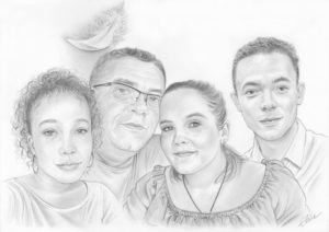 Portrait dessin d'un père avec ses trois enfants