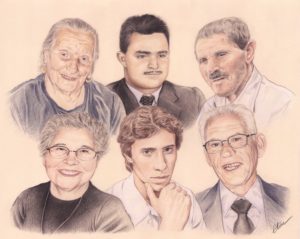 Portrait dessin d'une famille de six personnes