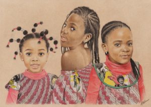 Portrait dessin de trois petites filles africaines en couleur