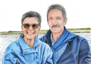 Dessin d'un couple de retraités en vacances