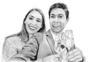 Dessin d'un jeune couple fêtant un nouvel appartement