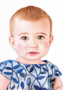 Dessin d'une petite fille en robe bleue