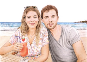 Dessin montage d'un jeune couple sur fond de mer