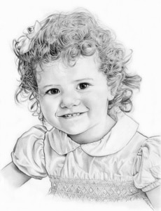 Dessin d'une petite fille souriante aux cheveux bouclés en noir et blanc