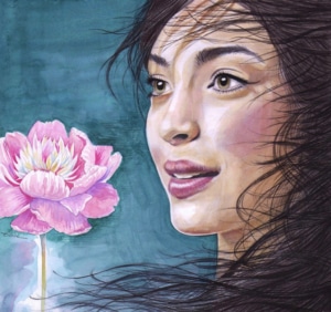 Pivoine - Portrait à l'aquarelle et au stylo