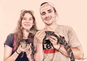 Portrait d'après photo d'un jeune couple avec des crocodiles