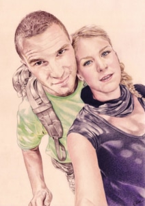 Portrait d'après photo d'un jeune couple en randonnée