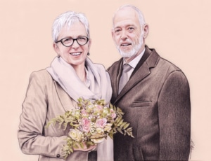 Portrait d'un couple de retraités à un mariage