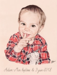 Portrait dessin d'après photo du baptême d'un petit garçon
