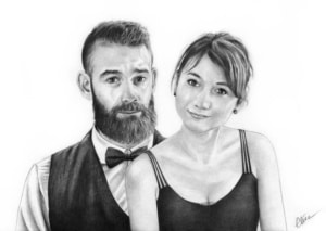 Portrait dessin d'après photo de couple en habits de soirée