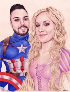 Portrait dessin d'après photo de couple en Raiponce et Captain America