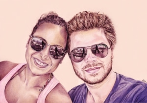 Portrait dessin d'après photo de couple en vacances