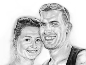 Portrait dessin d'après photo de couple en vacances en noir et blanc