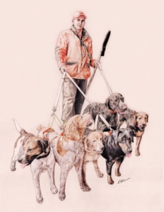 Portrait dessin d'après photo d'un chasseur avec ses chiens