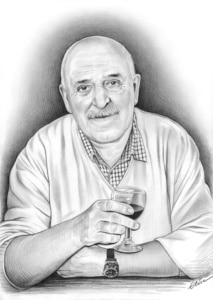 Portrait dessin d'après photo d'un homme attablé en noir et blanc