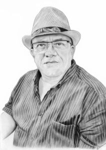 Portrait dessin d'après photo d'un homme avec un chapeau en noir et blanc