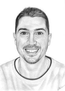 Portrait dessin d'après photo d'un jeune homme souriant en noir et blanc