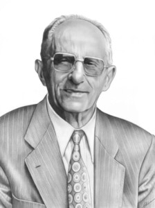 Portrait dessin d'après photo d'un vieil homme en costard et lunettes en noir et blanc