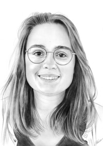 Portrait dessin d'après photo d'une jeune fille souriante en noir et blanc