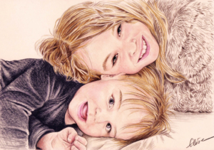 Portrait dessin d'après photo d'une petite fille et son petit frère en couleur