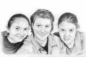 Portrait dessin d'après photo de femmes en noir et blanc