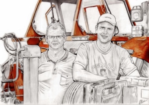 Portrait dessin d'après photo de deux hommes devant un tracteur au crayon et à l'aquarelle