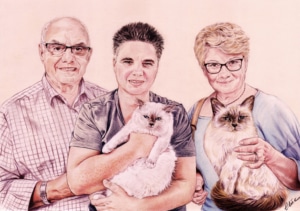 Portrait dessin d'après photo d'une famille avec deux chats