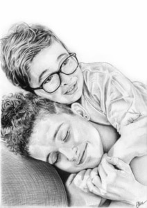 Portrait dessin d'après photo de frère et sœur se câlinant