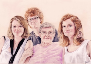 Portrait dessin d'après photo d'une grand-mère et ses petits-enfants en couleur