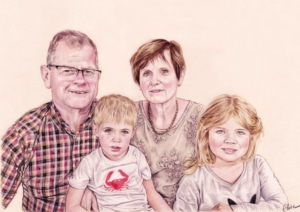 Portrait dessin d'après photo de grands-parents avec leurs petits-enfants