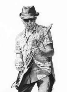 Portrait dessin d'après photo d'un homme avec sa guitare
