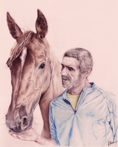 Portrait dessin d'après photo d'un homme avec son cheval