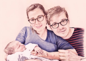 Portrait dessin d'après photo d'un jeune couple avec bébé en couleur