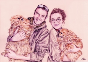 Portrait dessin d'après photo d'un jeune couple avec des chiens