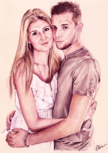 Portrait dessin d'après photo d'un jeune couple enlacé en couleur