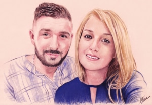 Portrait dessin d'après photo d'un jeune couple marié en bleu