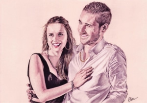 Portrait dessin d'après photo d'un jeune couple souriant en couleur