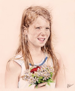 Portrait dessin d'après photo d'une jeune fille avec un bouquet de fleurs