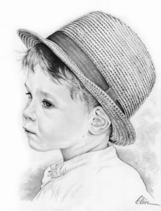 Portrait dessin d'après photo d'un petit garçon au chapeau noir et blanc