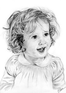 Portrait dessin d'après photo d'une petite fille aux cheveux bouclés en noir et blanc