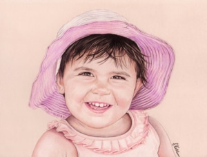 Portrait dessin d'après photo d'une petite fille avec un chapeau rose