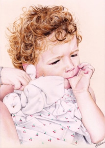 Portrait dessin d'après photo d'une petite fille blonde avec son doudou en couleur