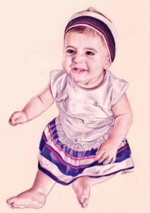 Portrait dessin d'après photo d'une petite fille en robe en couleur